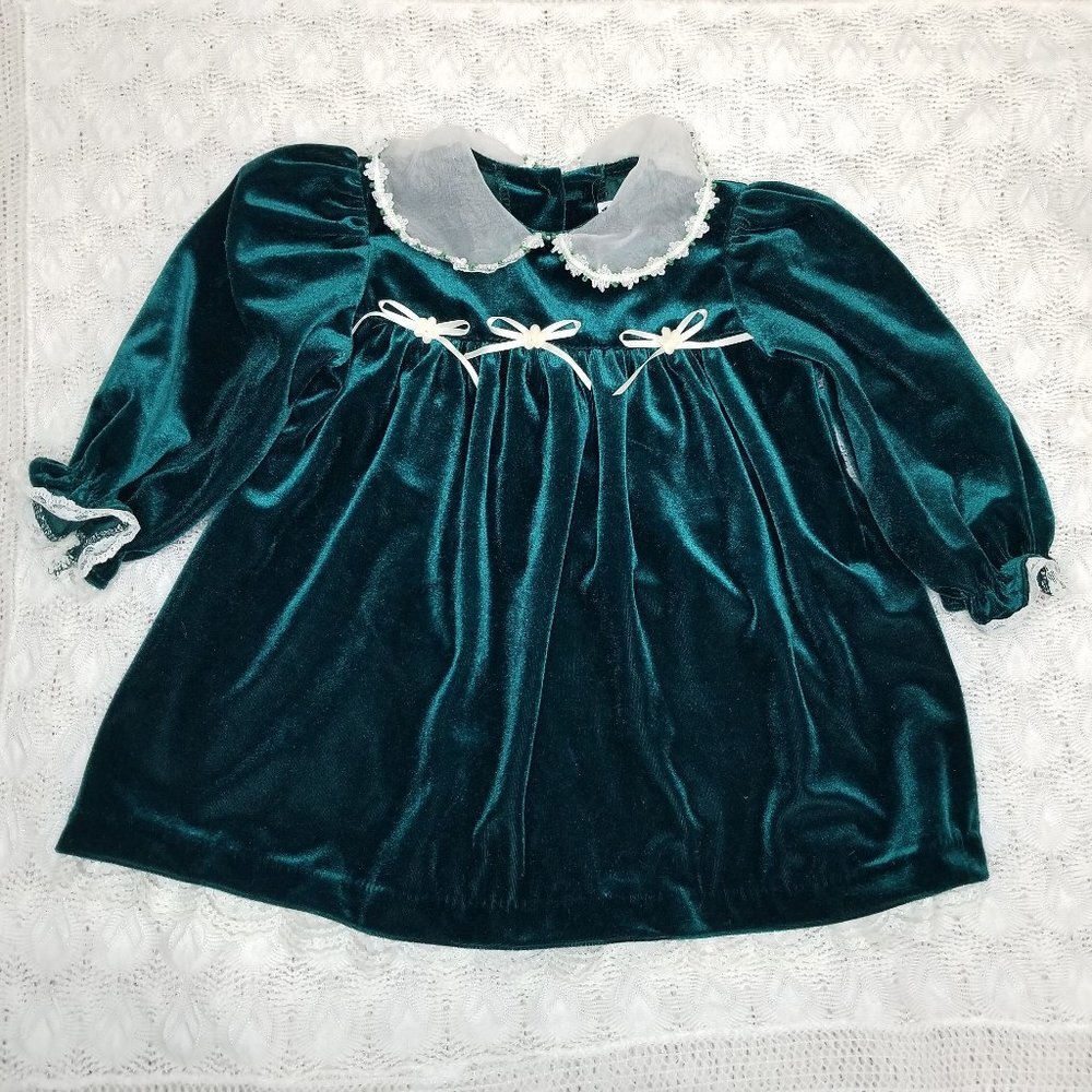 Vintage Good Lad Velvet holiday girls dress green size 18 months organza collar